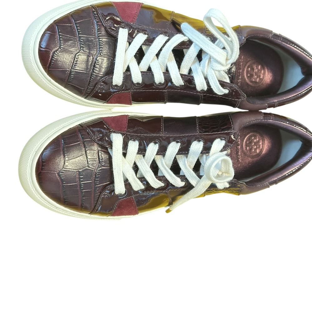 Tory Burch Howell Court Sneakers Burgundy Croc Patent Leather Multi Colorblock - Picture 6 of 16